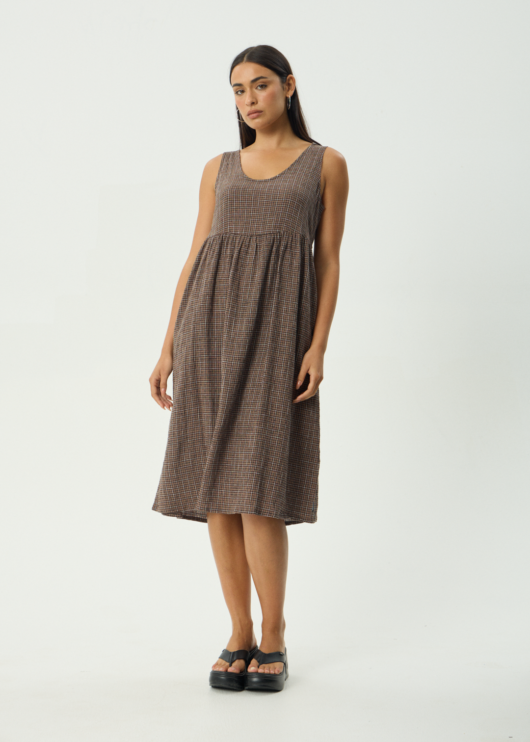 AFENDS Womens Hometown Leo - Seersucker Midi Dress - Coffee