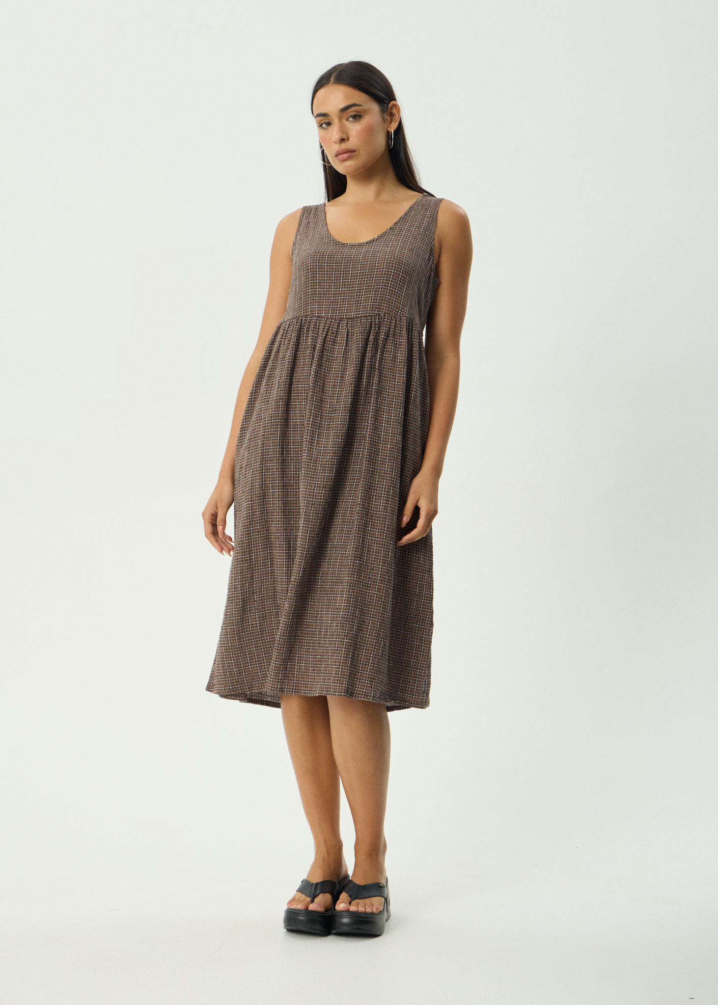 AFENDS Womens Hometown Leo - Seersucker Midi Dress - Coffee