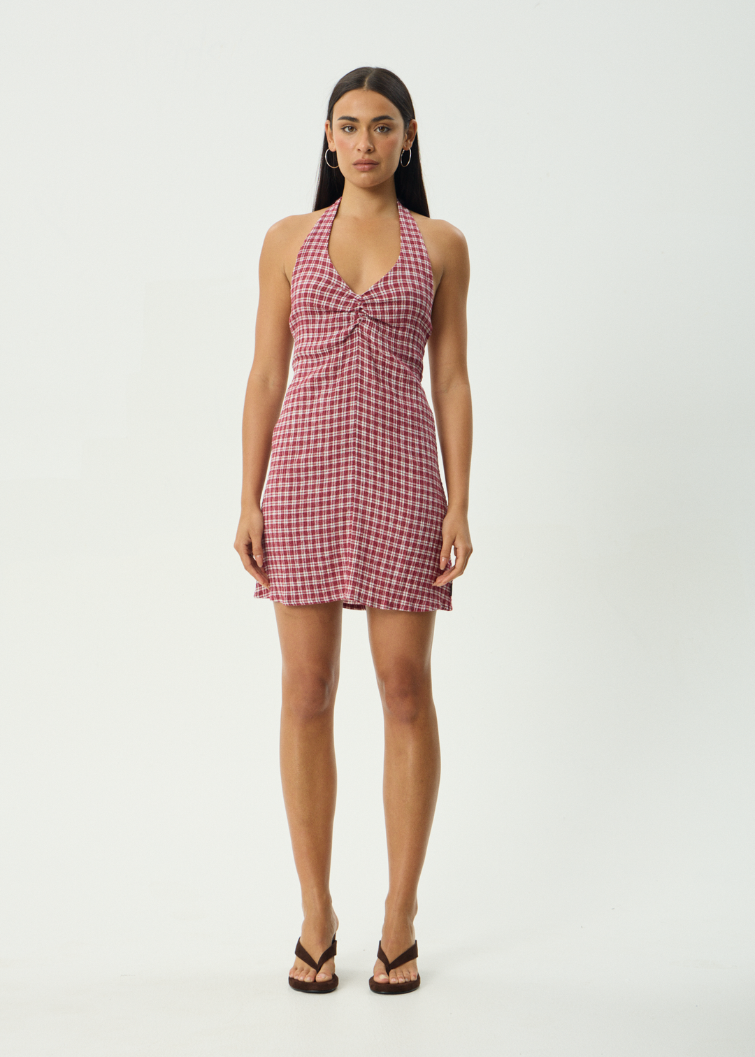 AFENDS Womens Base Montana - Seersucker Halter Mini Dress - Burgundy Check