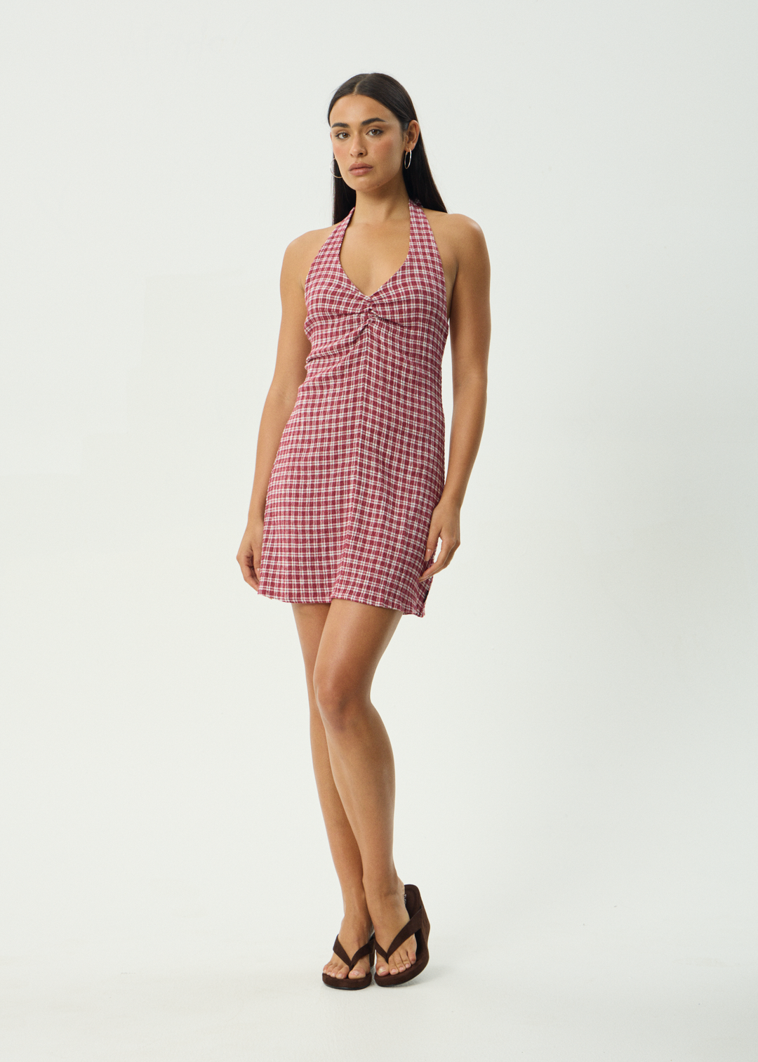 AFENDS Womens Base Montana - Seersucker Halter Mini Dress - Burgundy Check