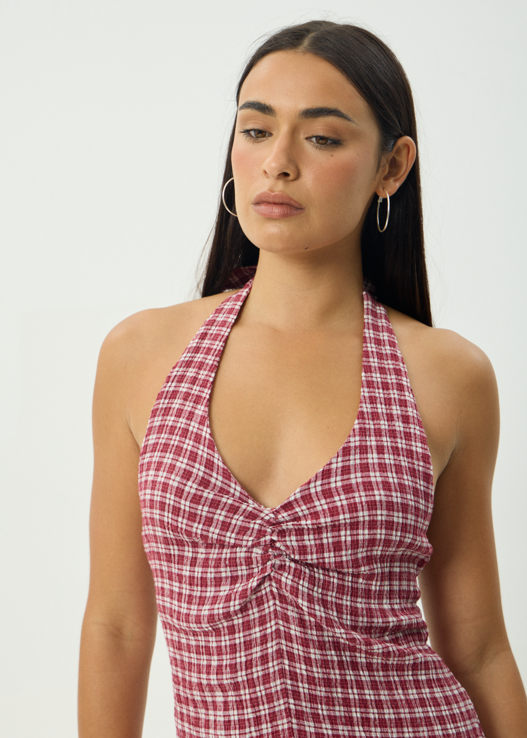 AFENDS Womens Base Montana - Seersucker Halter Mini Dress - Burgundy Check