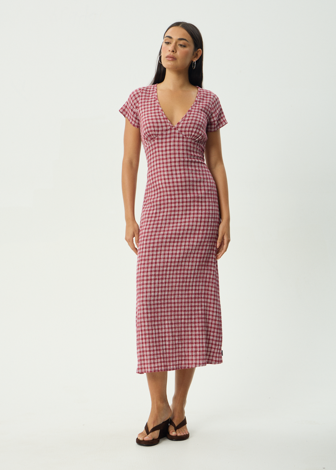 AFENDS Womens Base Maeve - Seersucker Maxi Dress - Burgundy Check