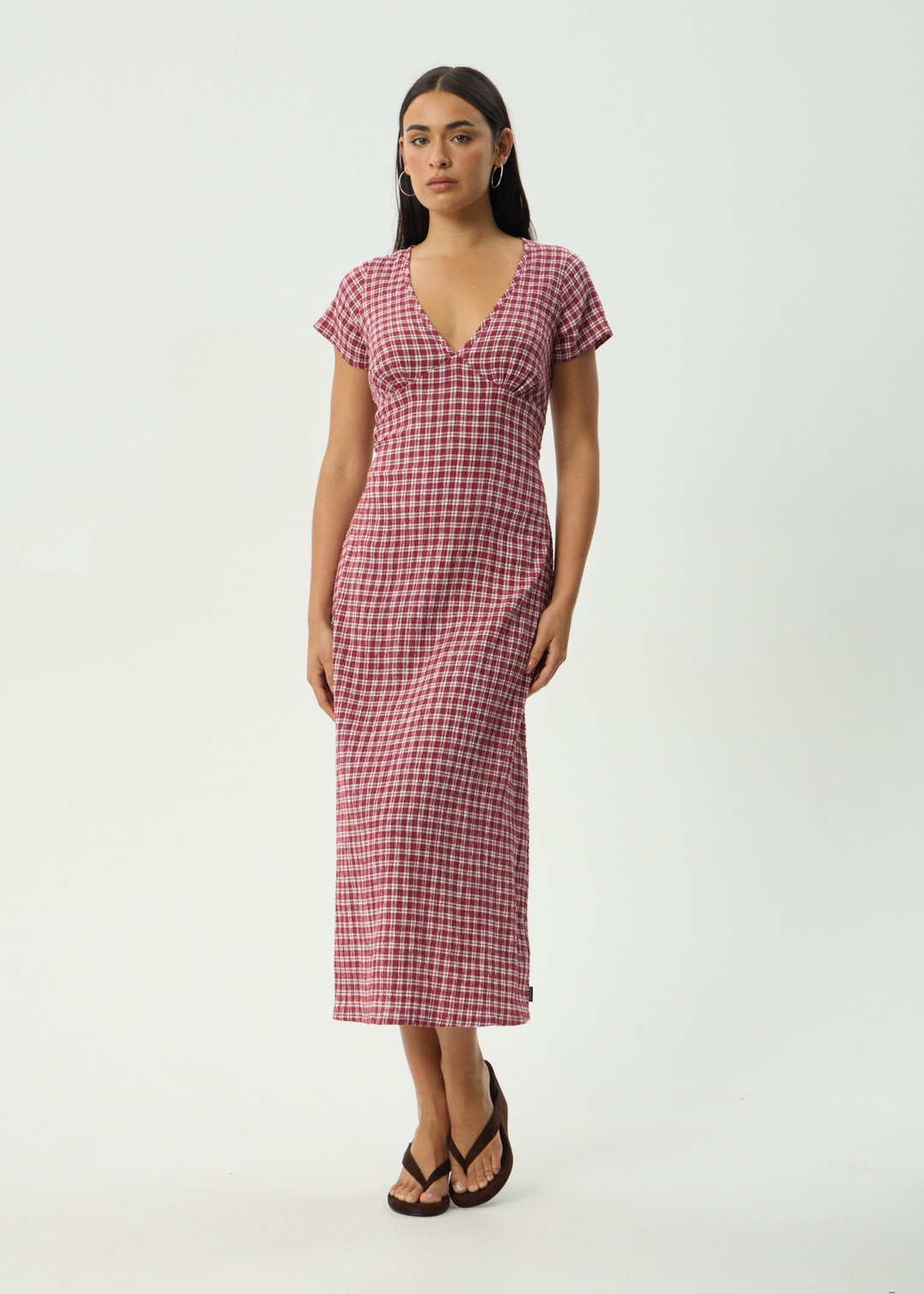 AFENDS Womens Base Maeve - Seersucker Maxi Dress - Burgundy Check