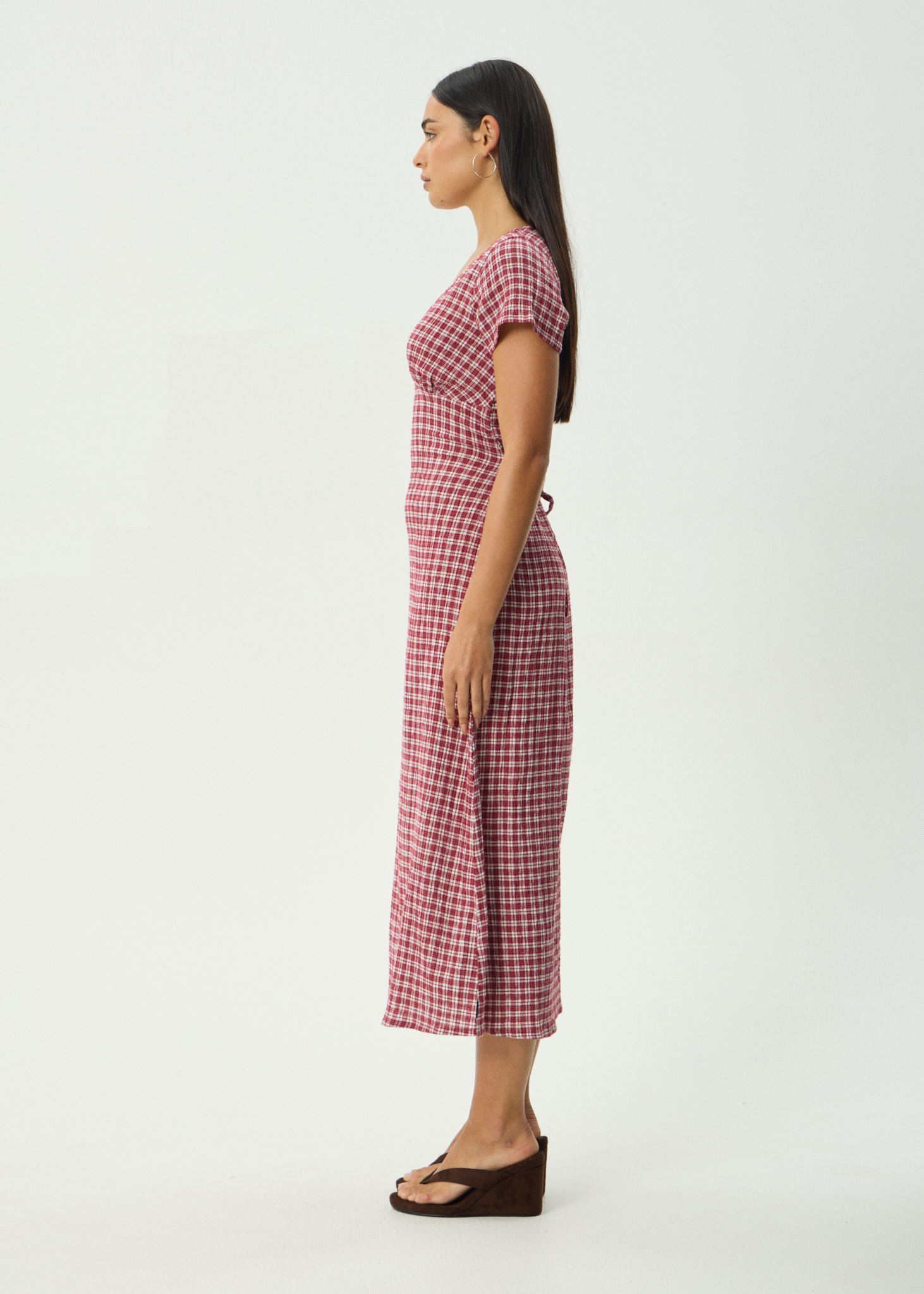 AFENDS Womens Base Maeve - Seersucker Maxi Dress - Burgundy Check