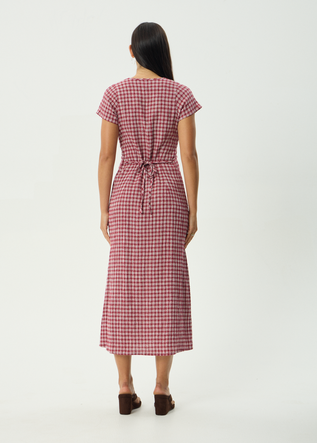 AFENDS Womens Base Maeve - Seersucker Maxi Dress - Burgundy Check