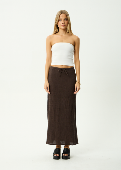 AFENDS Womens Focus - Hemp Seersucker Maxi Skirt - Coffee