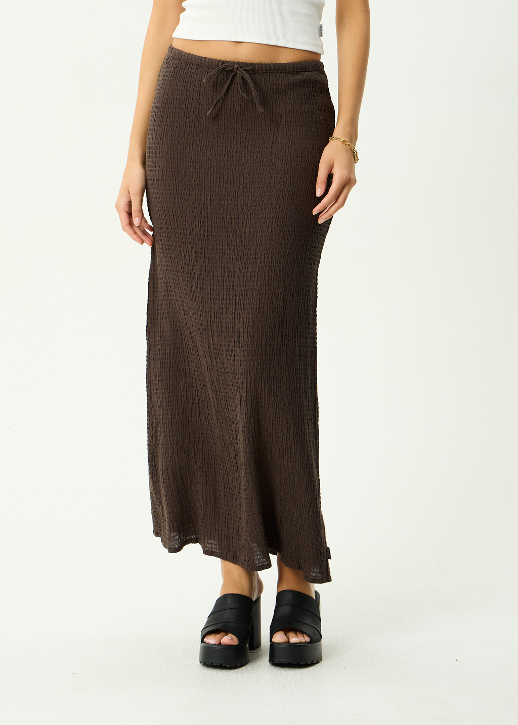 AFENDS Womens Focus - Hemp Seersucker Maxi Skirt - Coffee
