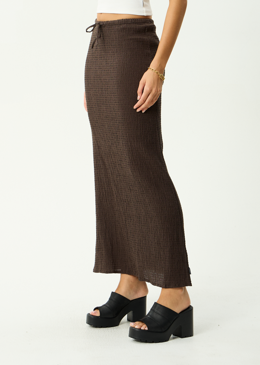 AFENDS Womens Focus - Hemp Seersucker Maxi Skirt - Coffee
