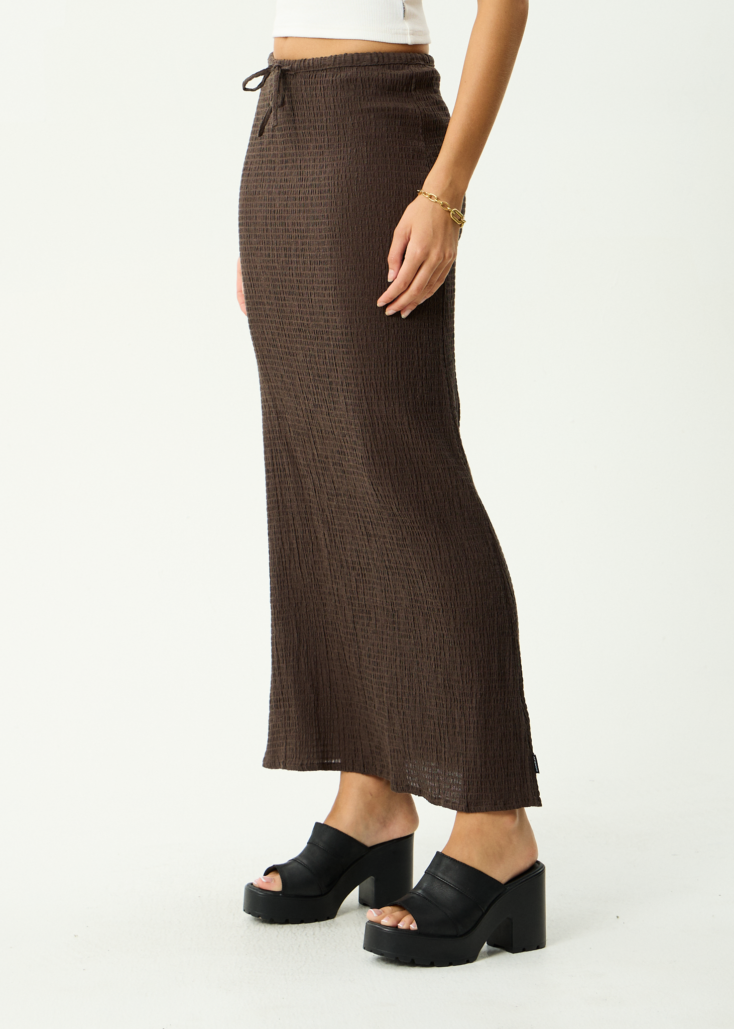 AFENDS Womens Focus - Hemp Seersucker Maxi Skirt - Coffee