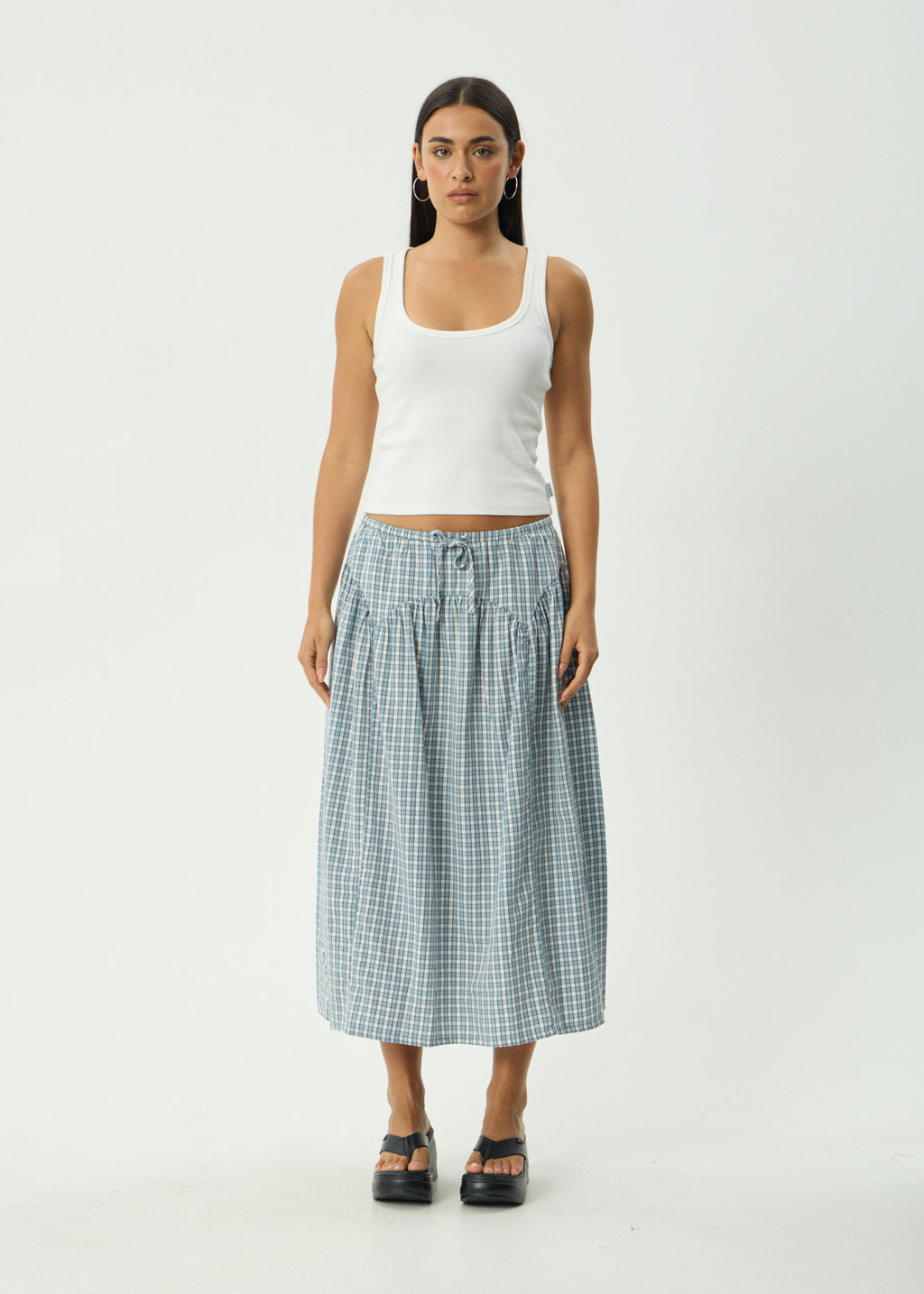 AFENDS Womens Evans - Check Midi Skirt - Overcast Check