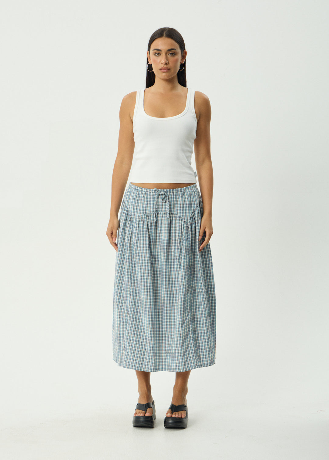 AFENDS Womens Evans - Check Midi Skirt - Overcast Check