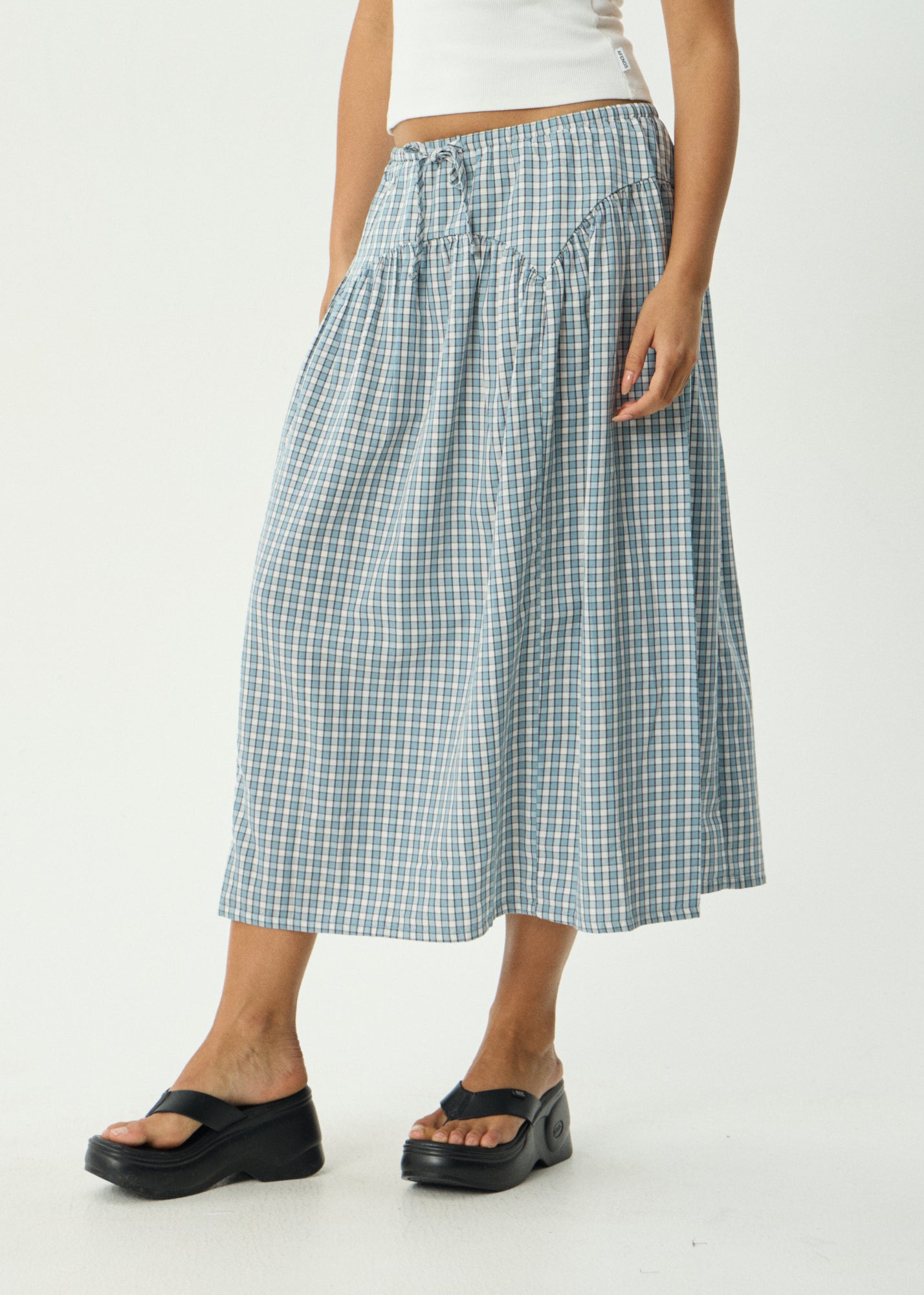 AFENDS Womens Evans - Check Midi Skirt - Overcast Check
