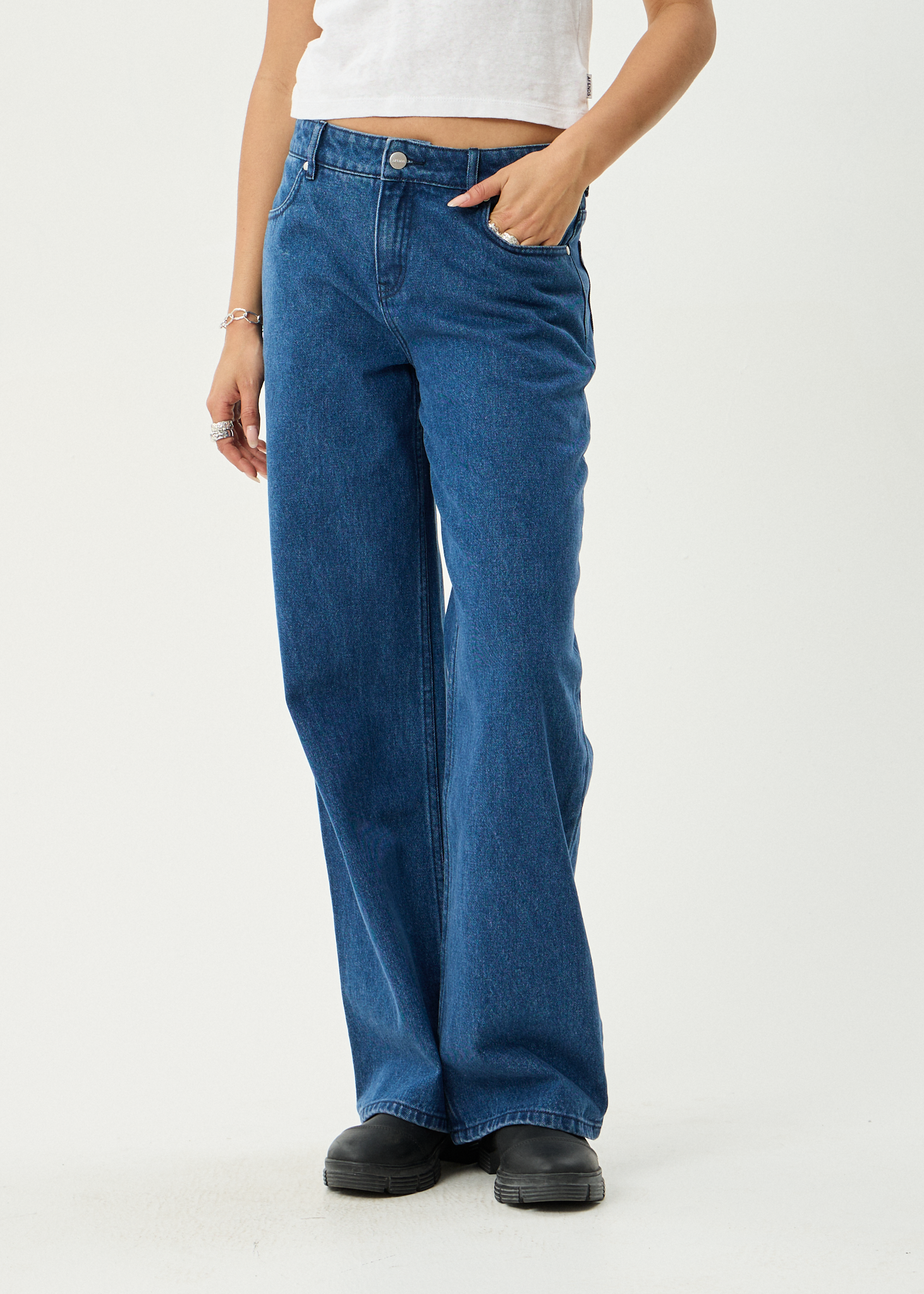 AFENDS Womens Alyra - Low Rise Wide Leg Jean - Authentic Blue