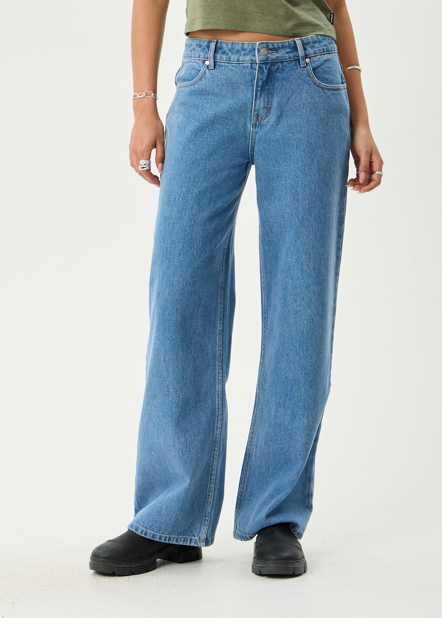 AFENDS Womens Alyra - Low Rise Wide Leg Jean - Worn Blue