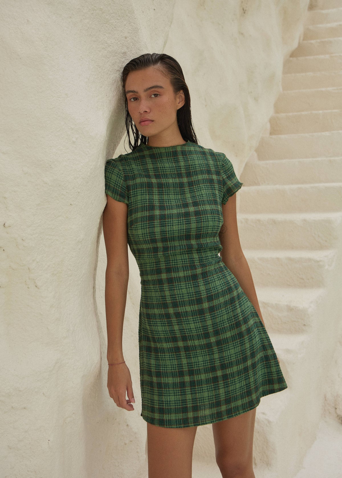 AFENDS Womens Elodie - Seersucker Mini Dress - Lonnie Hunter Green