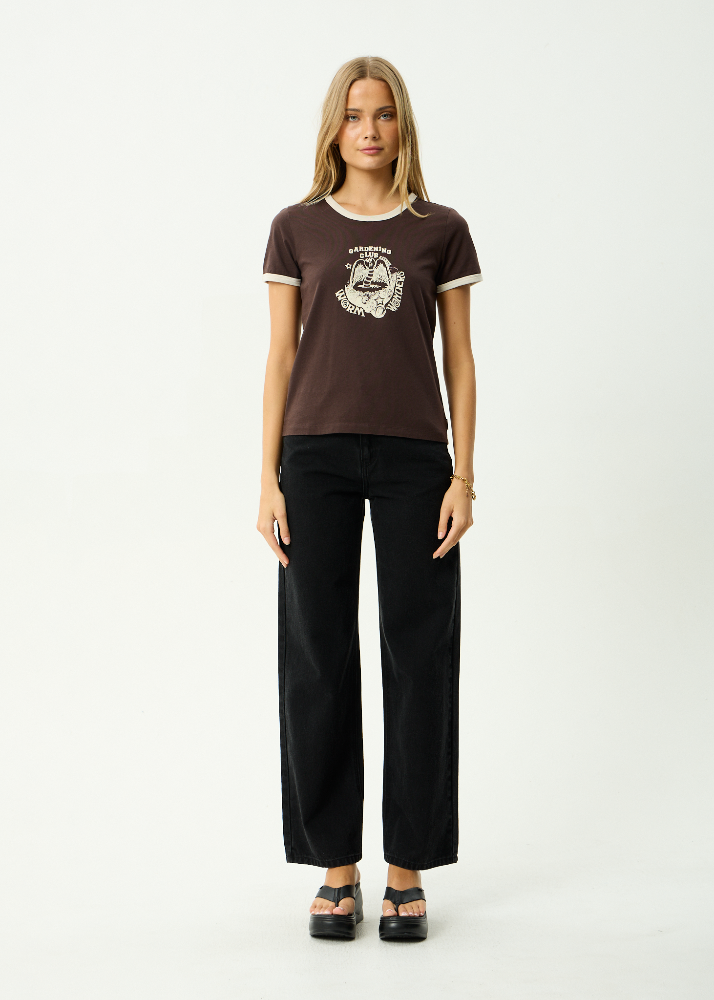 AFENDS Womens Wonders - Recycled Ringer Tee - Coffee