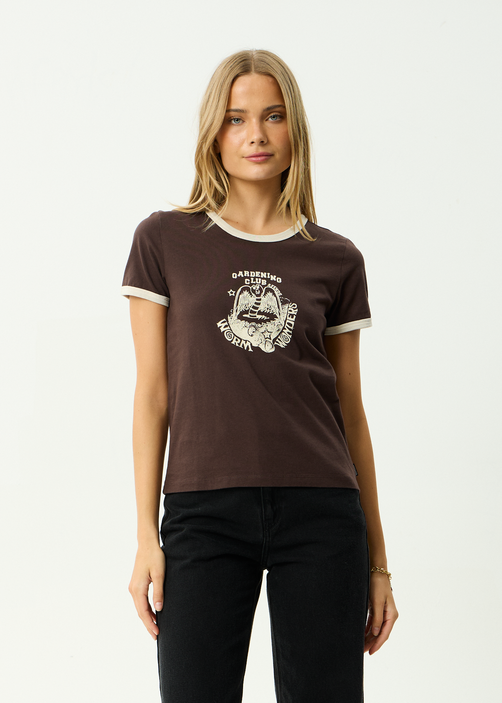 AFENDS Womens Wonders - Recycled Ringer Tee - Coffee