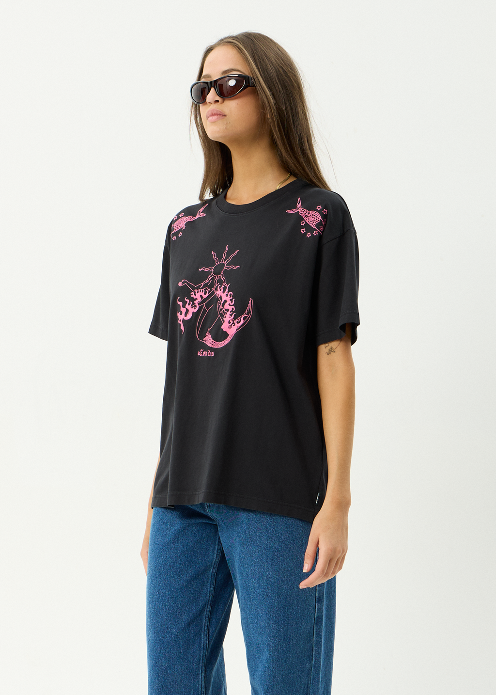 AFENDS Womens Sea Siren - Recycled Oversized Tee - Stone Black