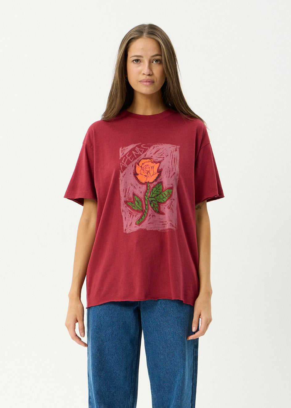 AFENDS Womens Single N Thorny - Hemp Oversized Tee - Burgundy