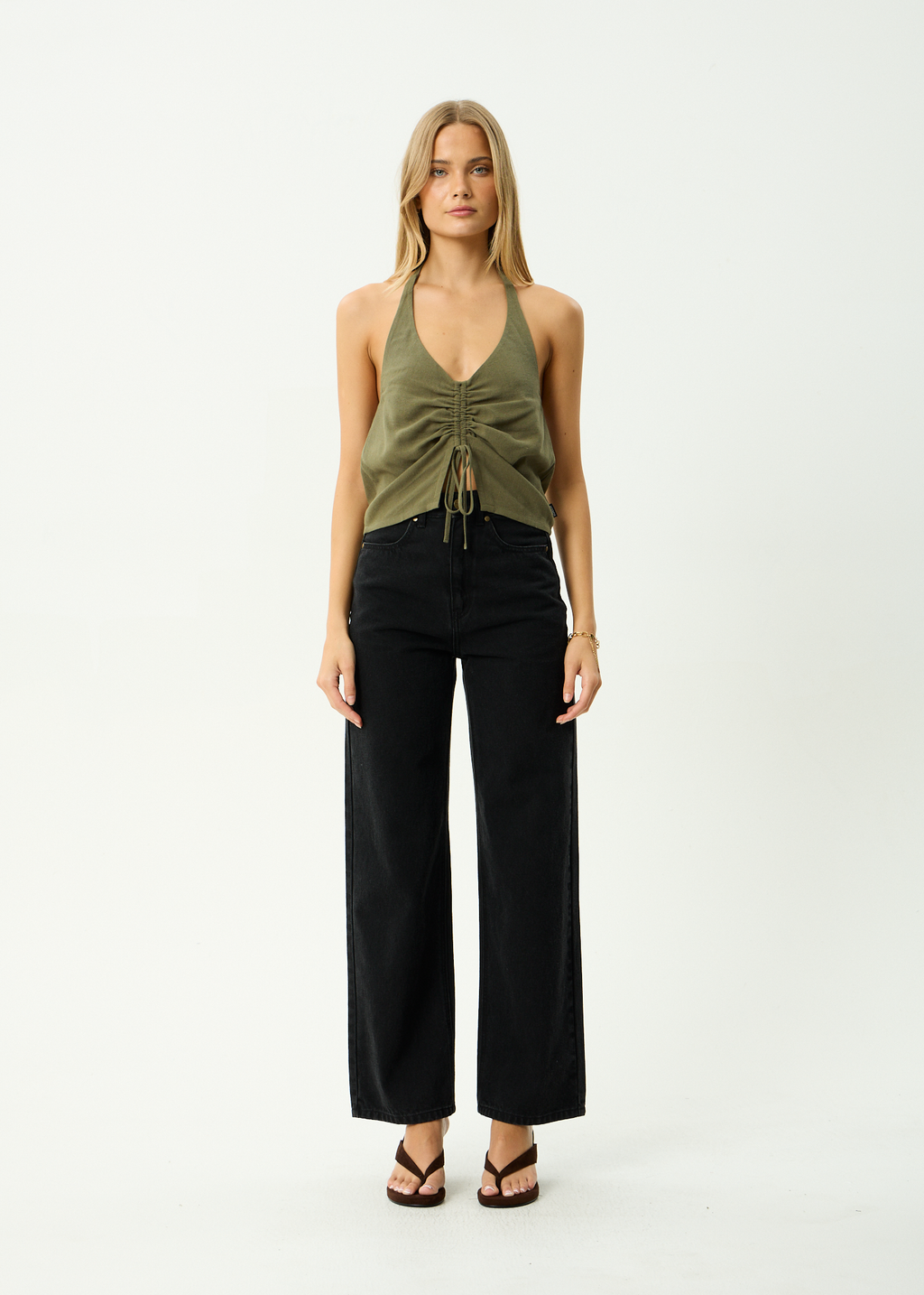 AFENDS Womens Halle - Linen Ruched Top - Deep Olive