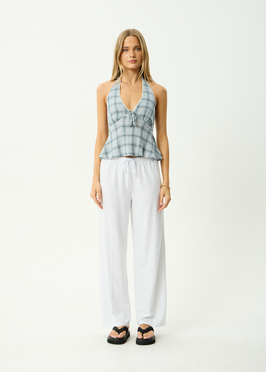 AFENDS Womens Lagoon - Hemp Seersucker Halter Top - Overcast Check