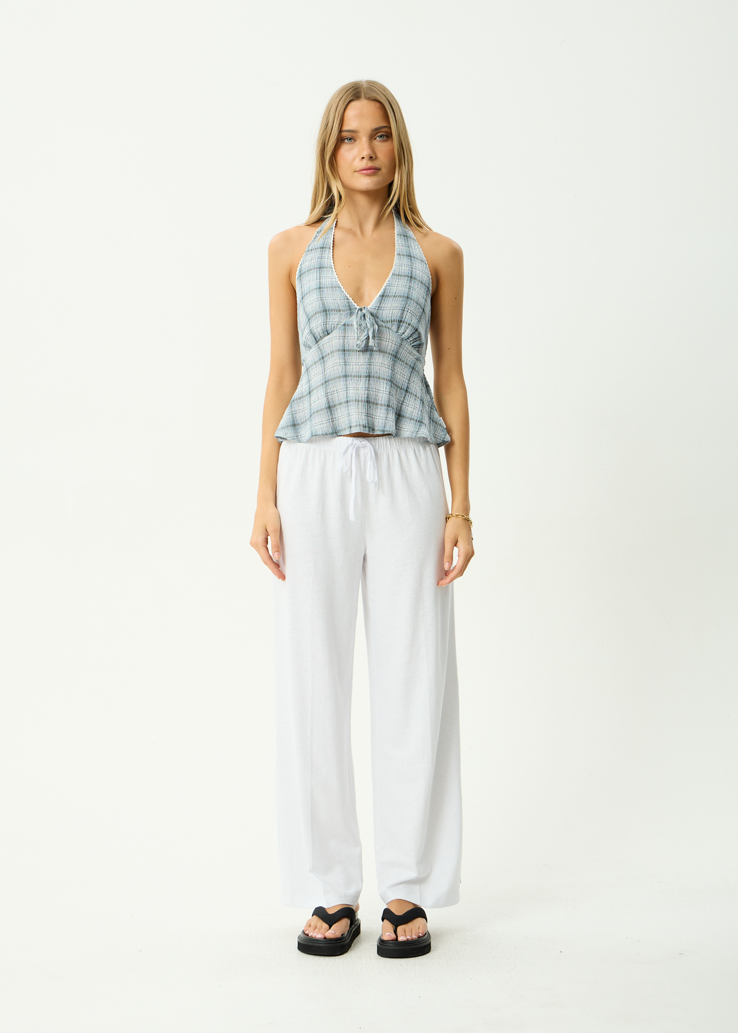 AFENDS Womens Lagoon - Hemp Seersucker Halter Top - Overcast Check