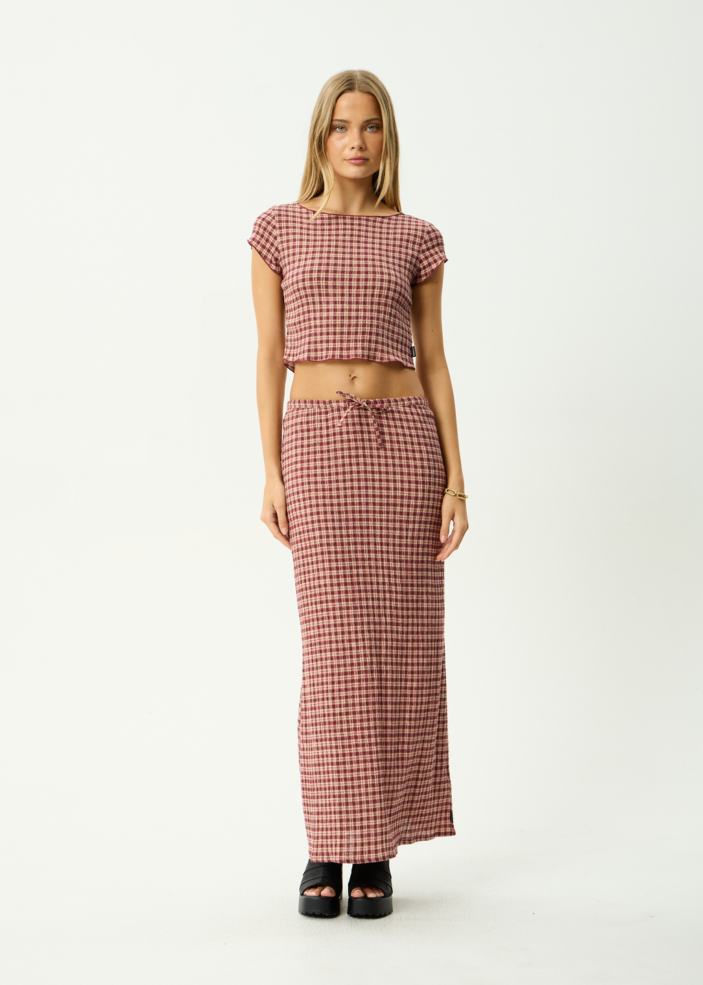 AFENDS Womens Capricorn - Hemp Seersucker Top - Burgundy / Beige Check