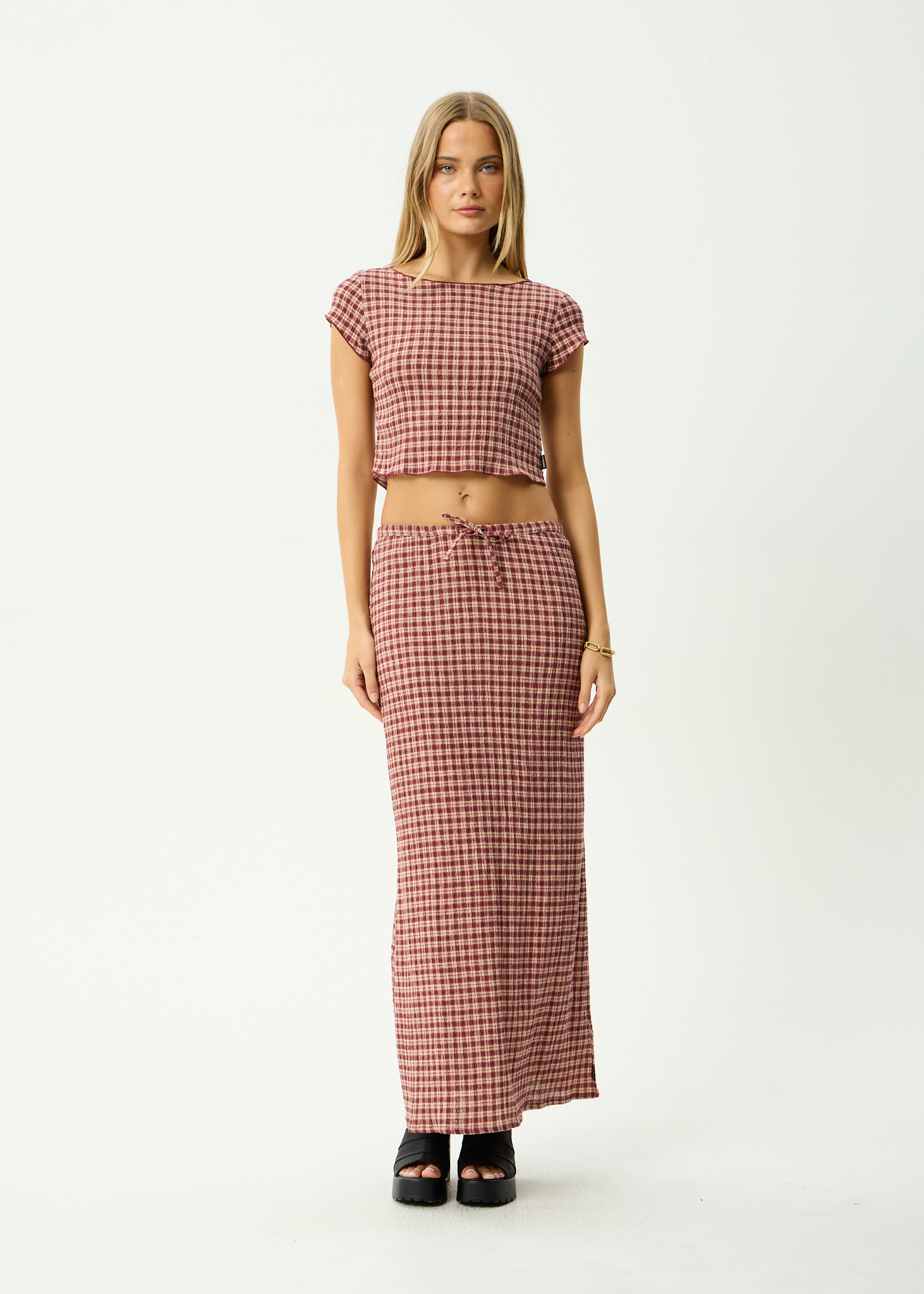 AFENDS Womens Capricorn - Hemp Seersucker Top - Burgundy / Beige Check