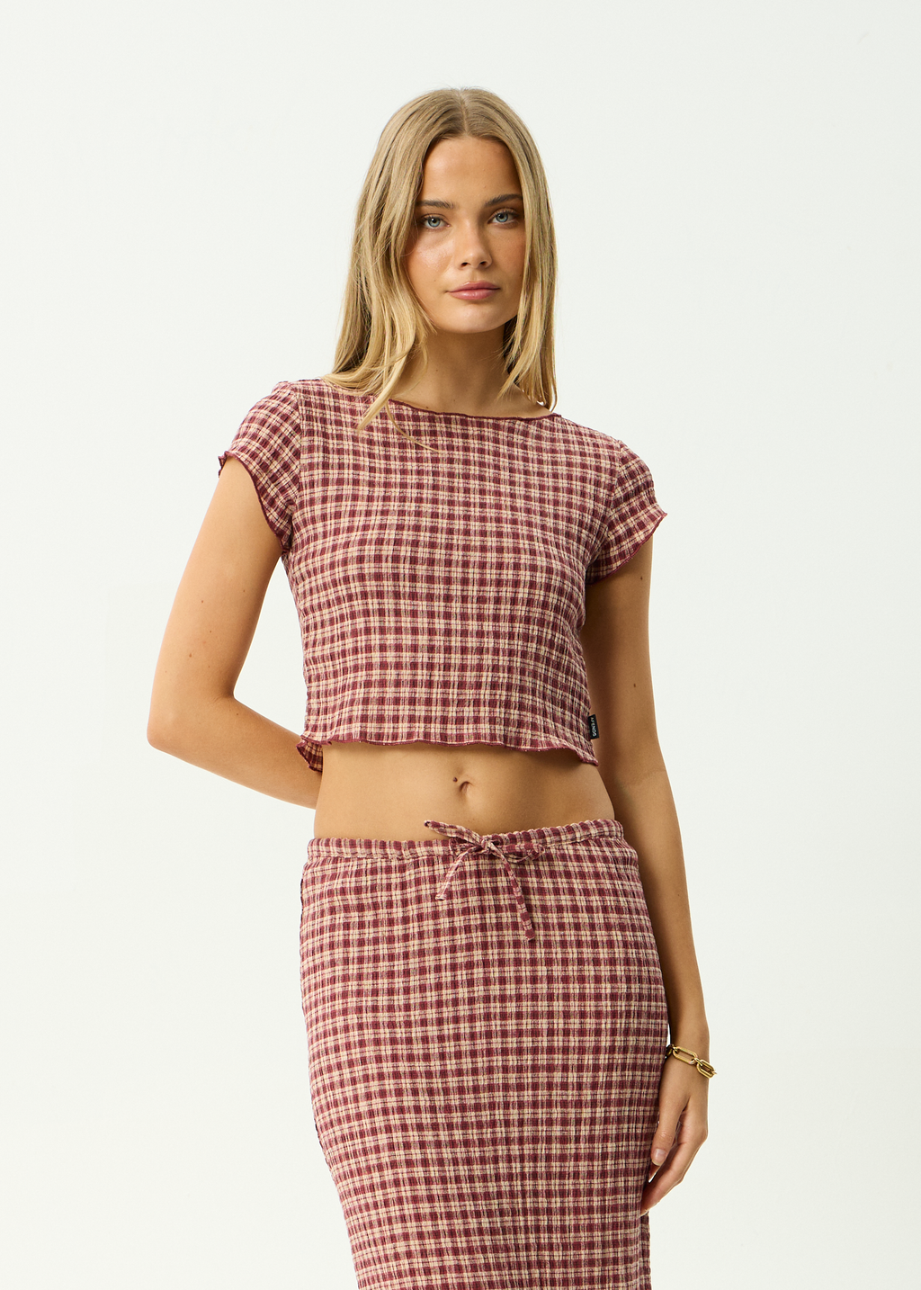 AFENDS Womens Capricorn - Hemp Seersucker Top - Burgundy / Beige Check