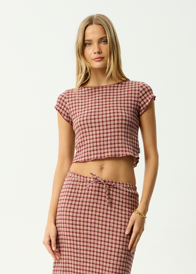 AFENDS Womens Capricorn - Hemp Seersucker Top - Burgundy / Beige Check