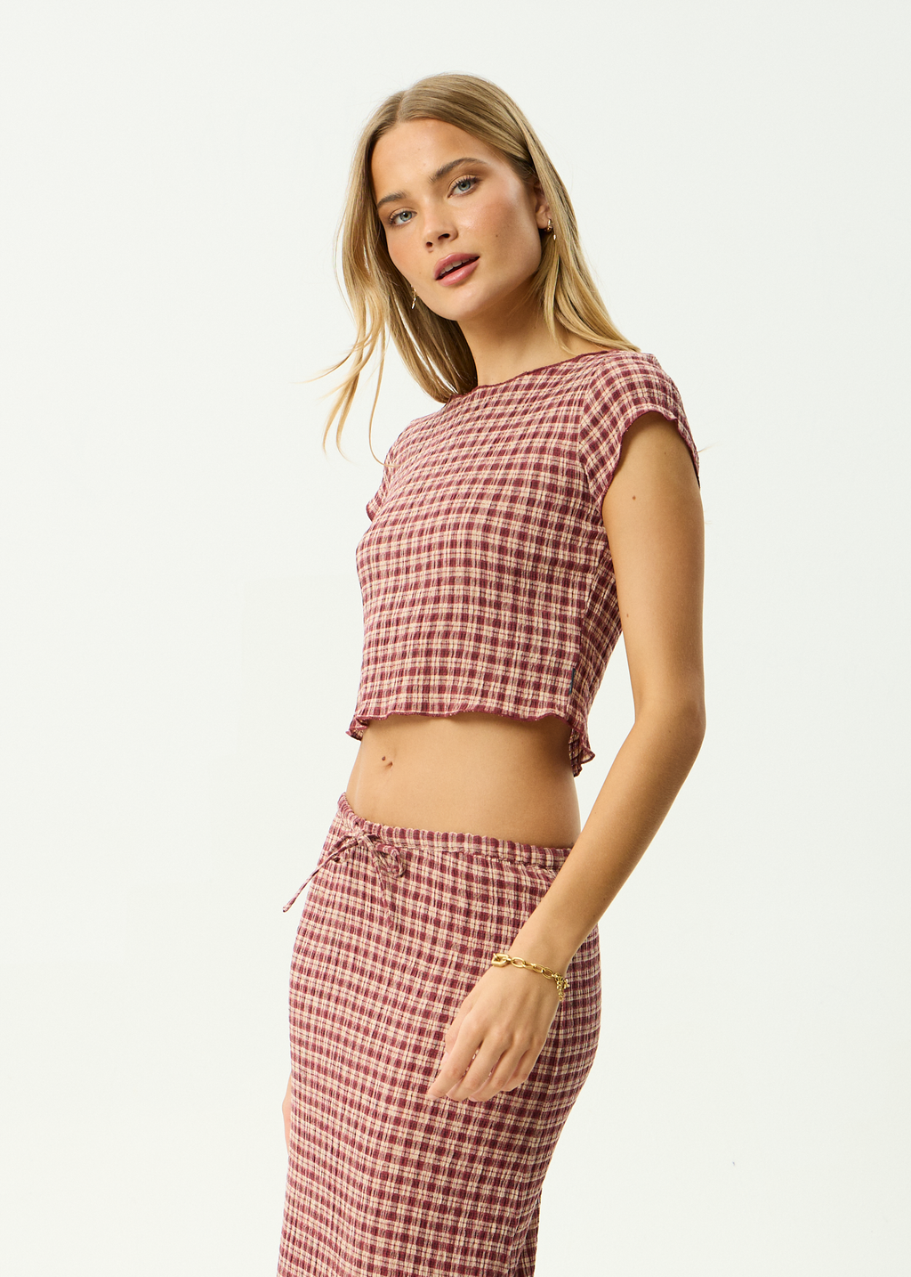 AFENDS Womens Capricorn - Hemp Seersucker Top - Burgundy / Beige Check