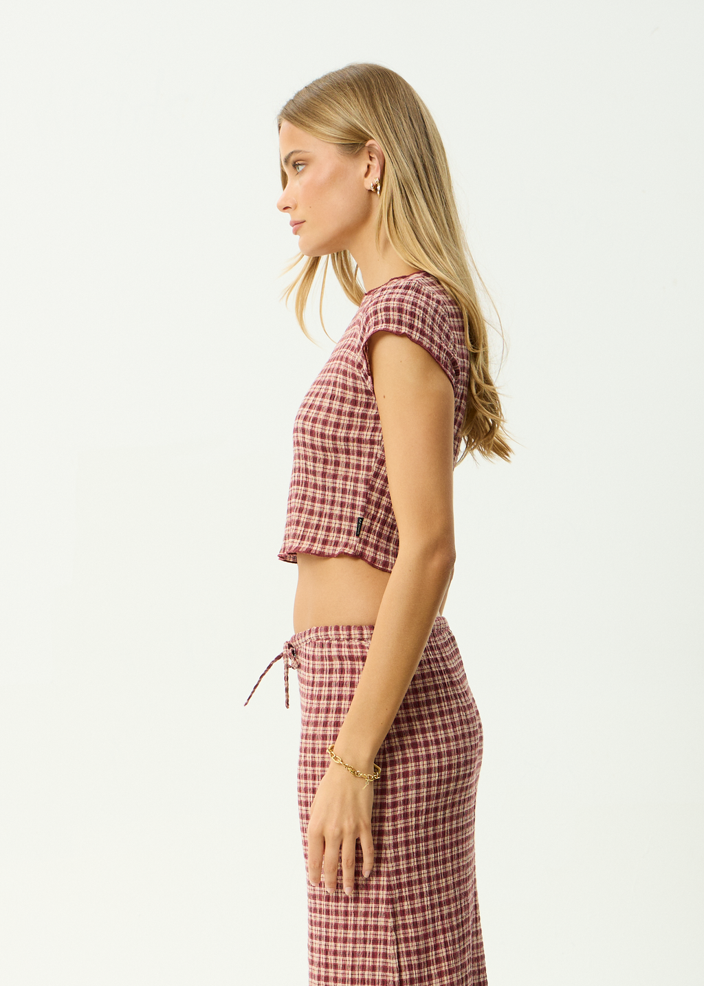 AFENDS Womens Capricorn - Hemp Seersucker Top - Burgundy / Beige Check