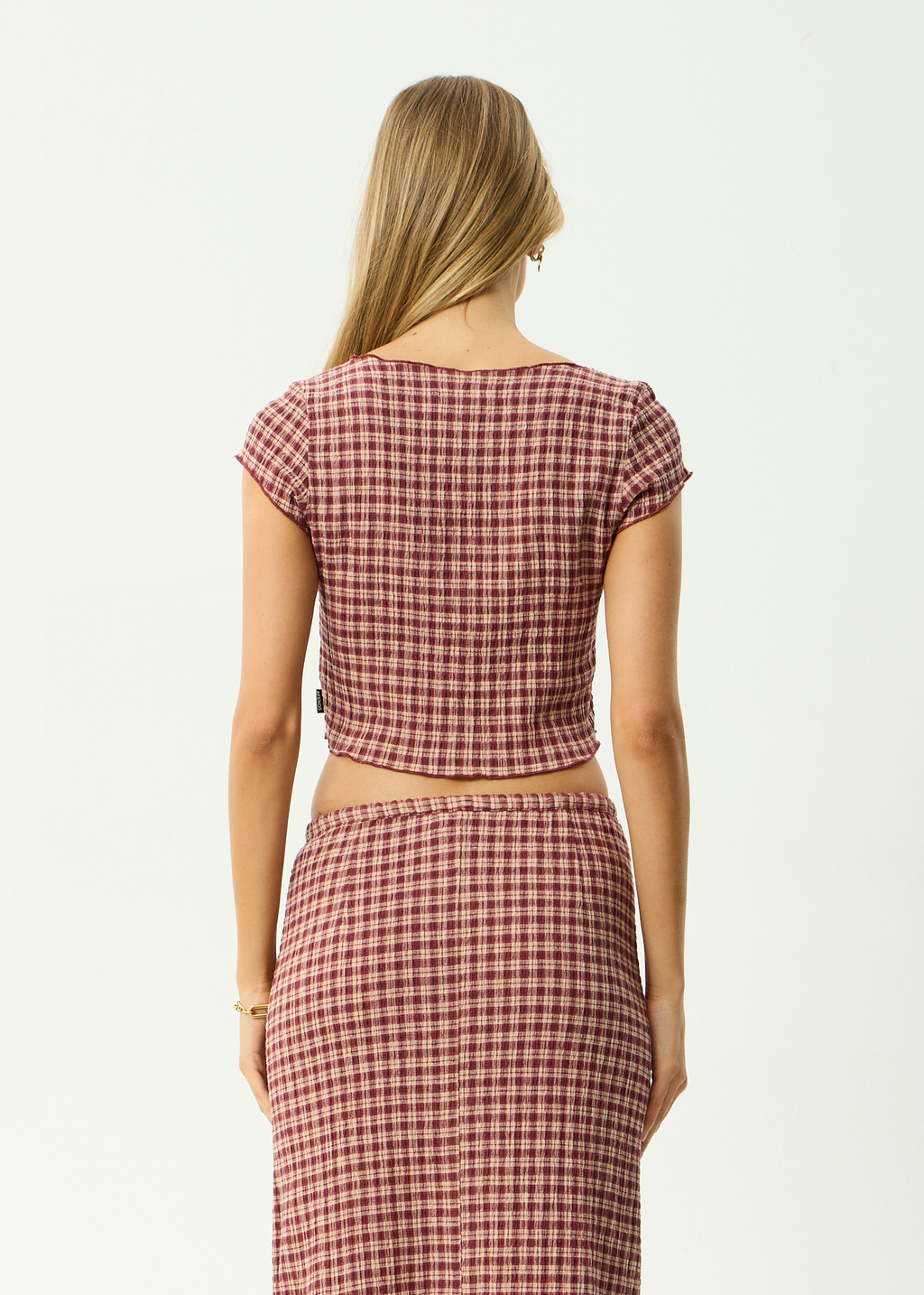 AFENDS Womens Capricorn - Hemp Seersucker Top - Burgundy / Beige Check