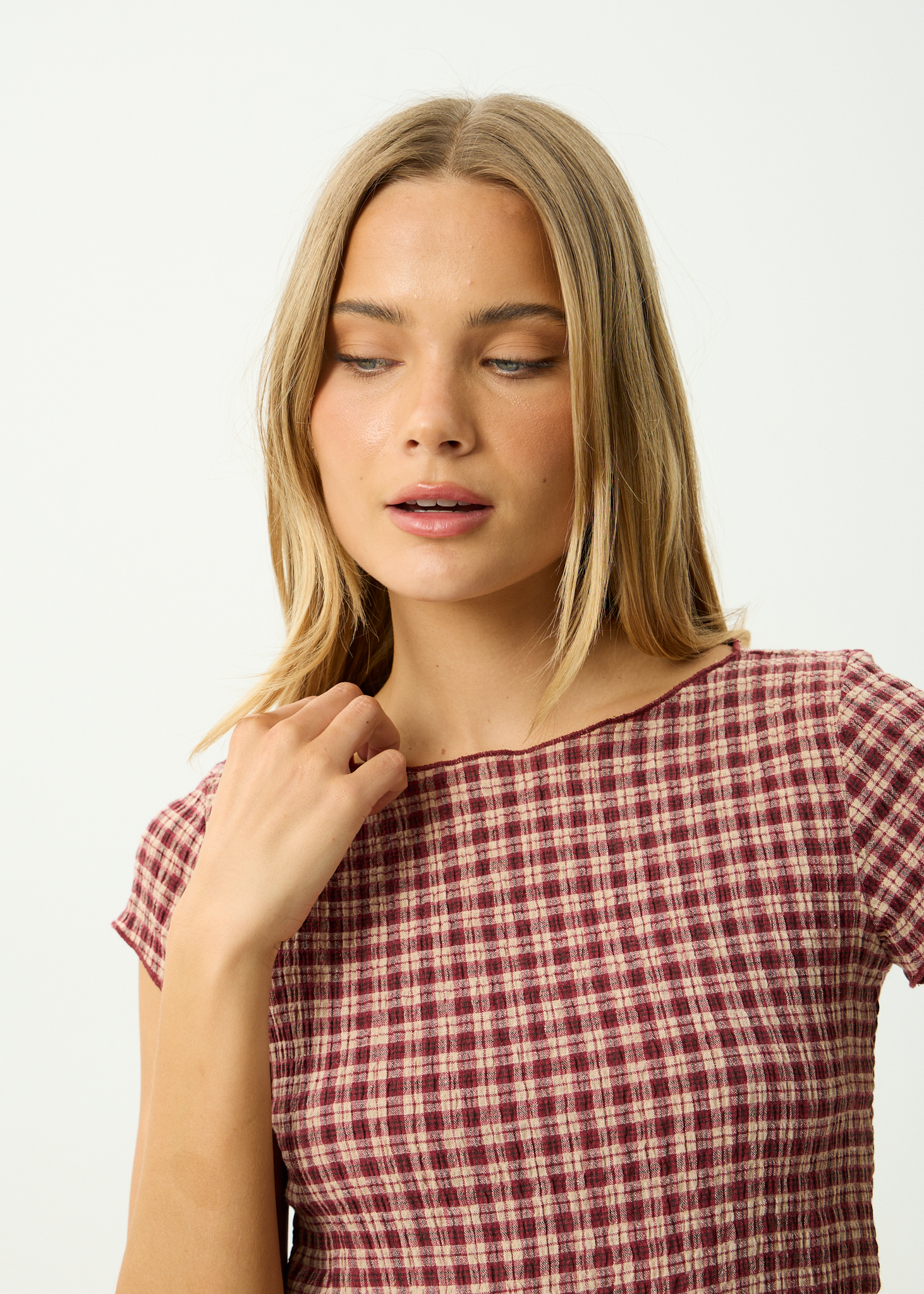 AFENDS Womens Capricorn - Hemp Seersucker Top - Burgundy / Beige Check