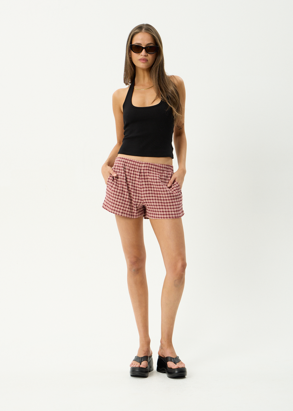 AFENDS Womens Capricorn - Hemp Seersucker Short - Burgundy / Beige Check