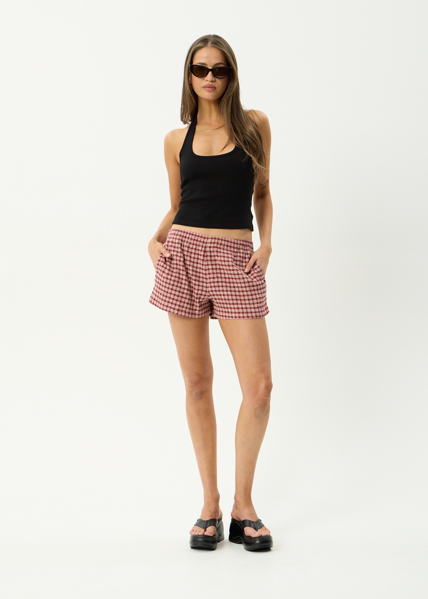 AFENDS Womens Capricorn - Hemp Seersucker Short - Burgundy / Beige Check