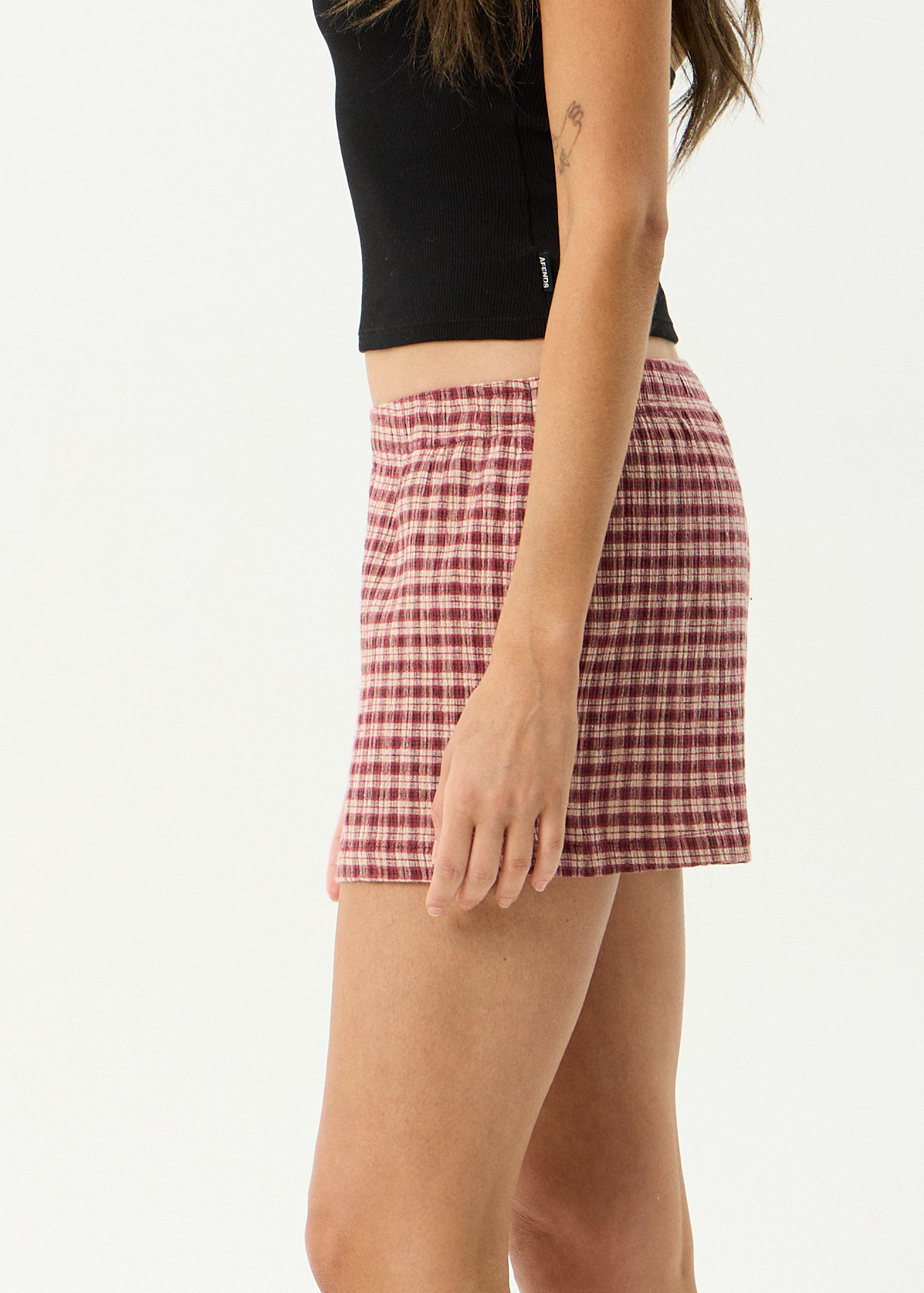 AFENDS Womens Capricorn - Hemp Seersucker Short - Burgundy / Beige Check
