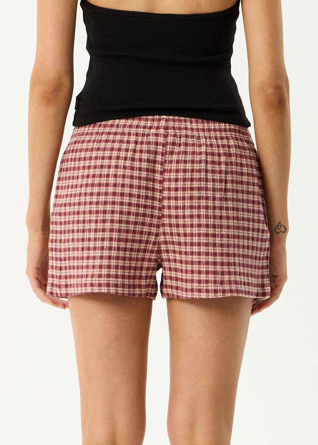 AFENDS Womens Capricorn - Hemp Seersucker Short - Burgundy / Beige Check