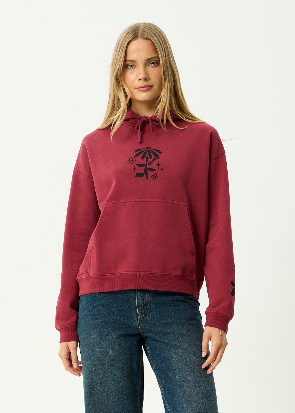 AFENDS Womens Garden Variety - Recycled Pull On Hood - Washed Burgundy