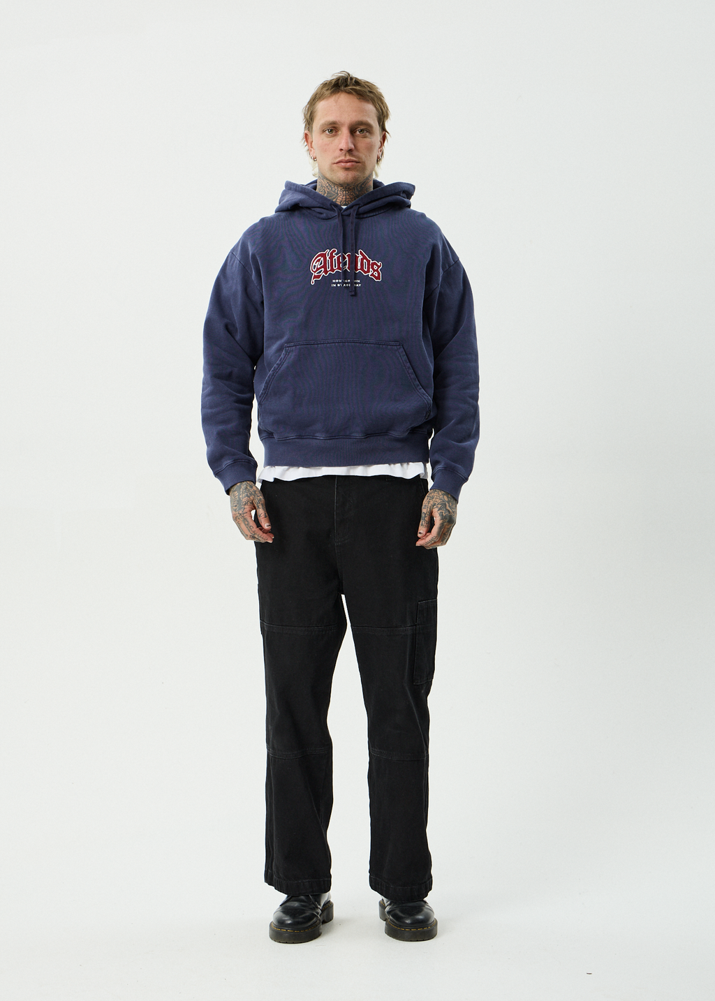 AFENDS Mens Home - Recycled Pull On Hood - Washed Deep Sea