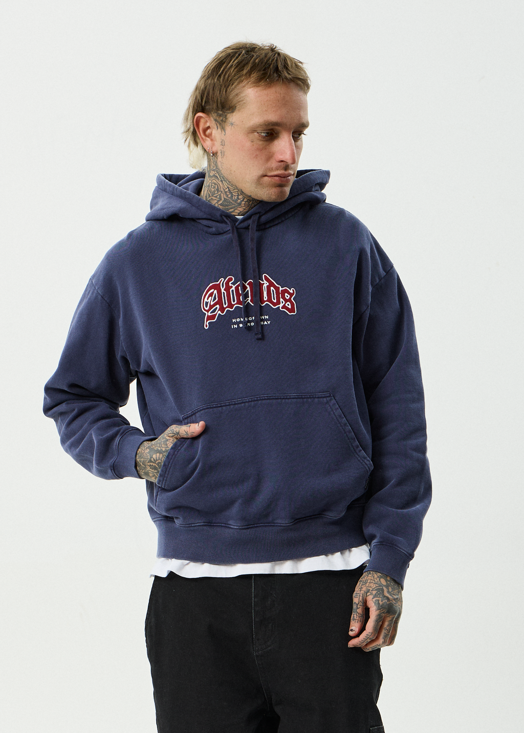 AFENDS Mens Home - Recycled Pull On Hood - Washed Deep Sea
