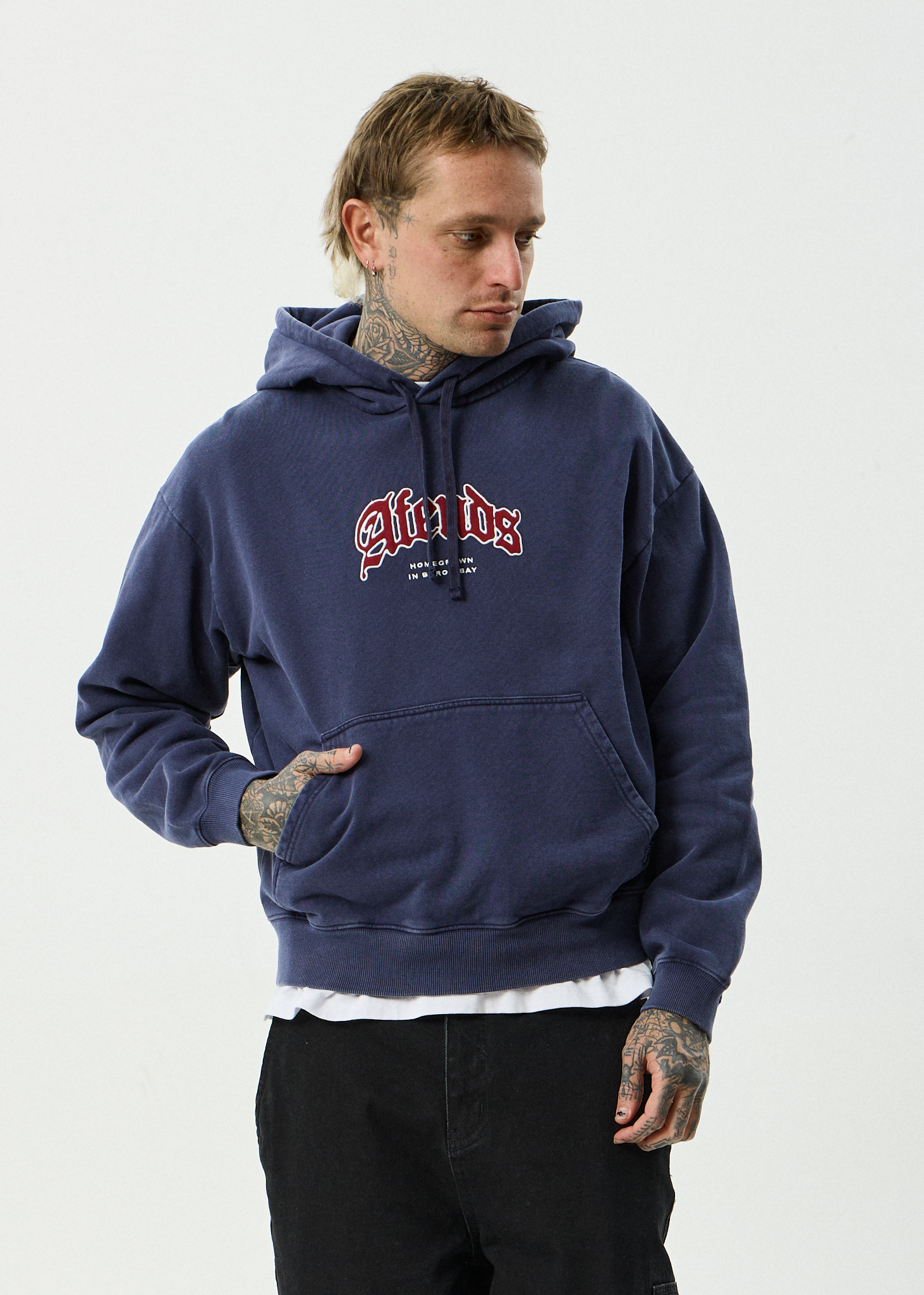 AFENDS Mens Home - Recycled Pull On Hood - Washed Deep Sea