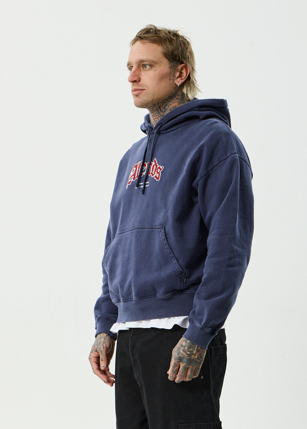 AFENDS Mens Home - Recycled Pull On Hood - Washed Deep Sea