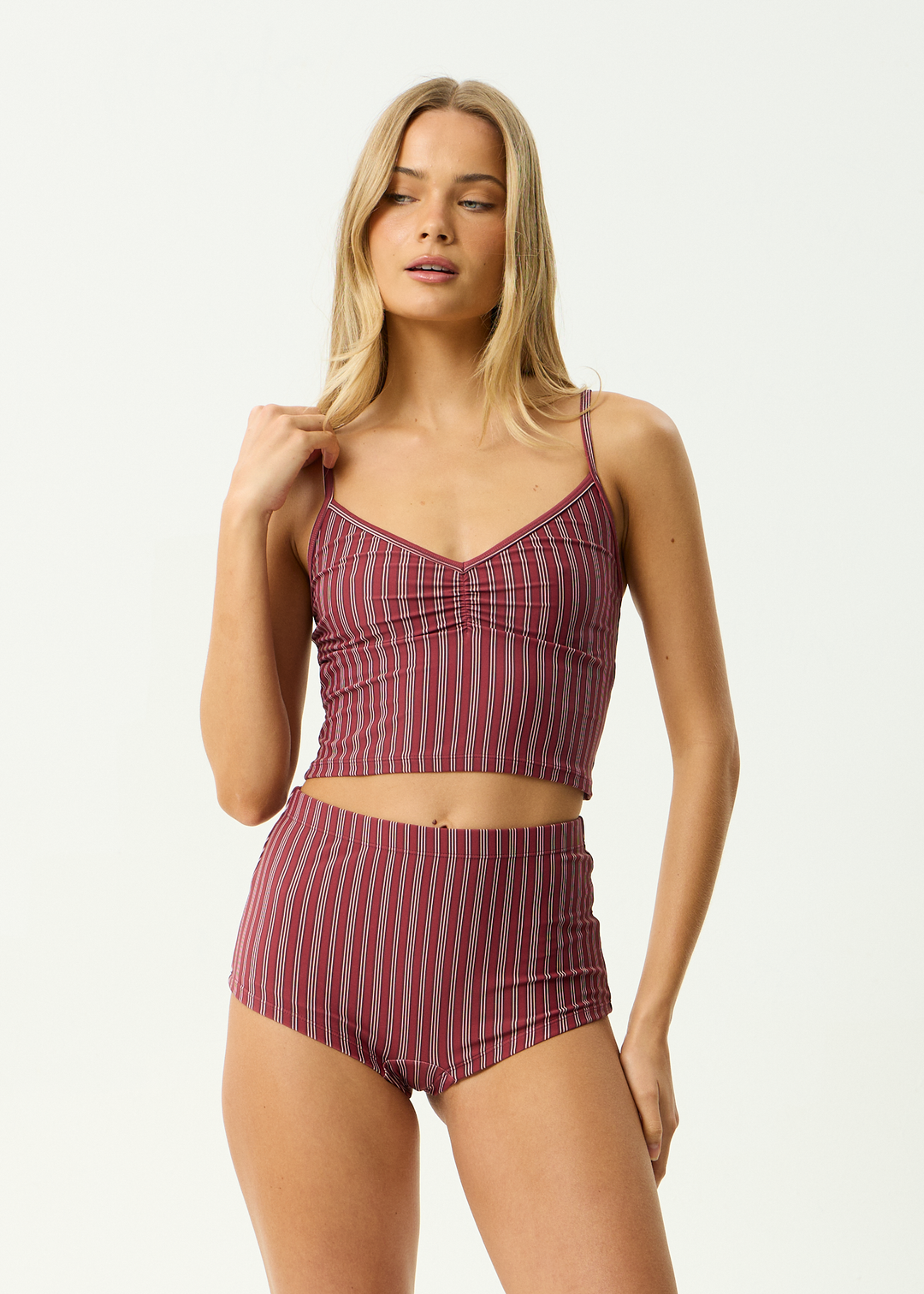 AFENDS Womens Ledger - Recycled Tankini - Burgundy Stripe