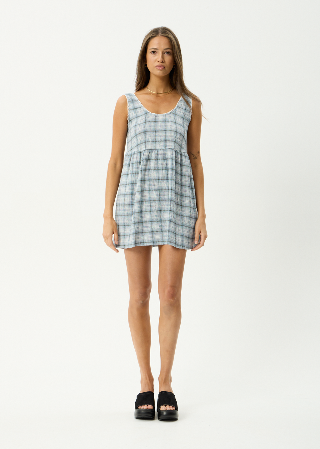 AFENDS Womens Lagoon Jesse - Hemp Seersucker Mini Dress - Overcast Check