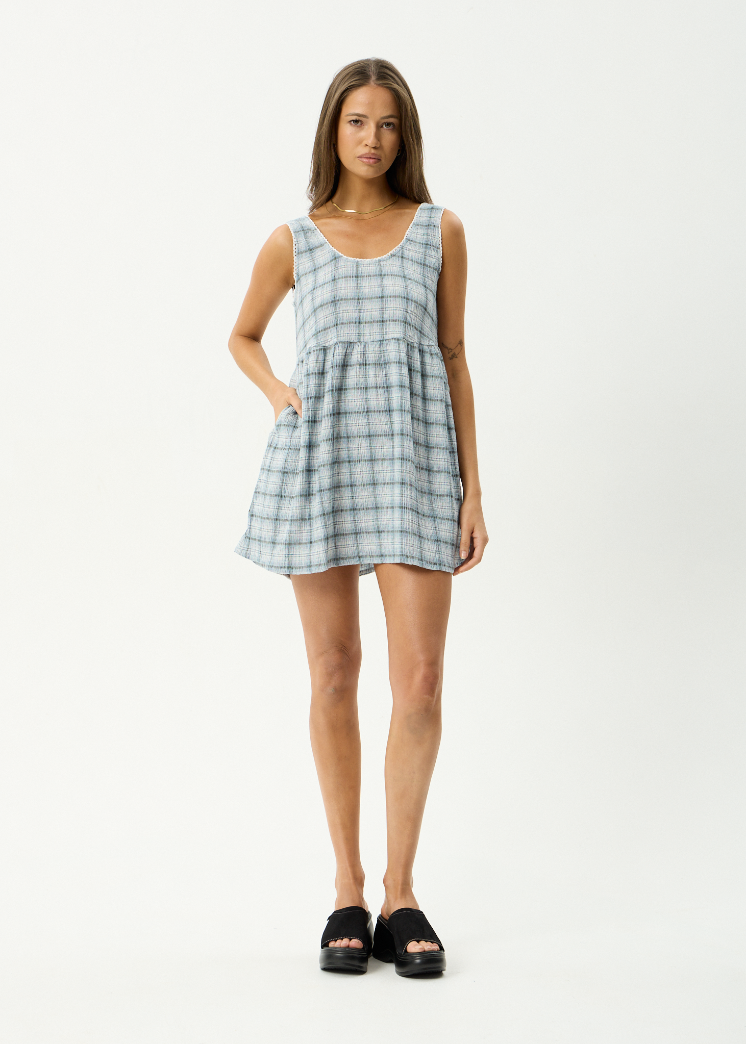 AFENDS Womens Lagoon Jesse - Hemp Seersucker Mini Dress - Overcast Check