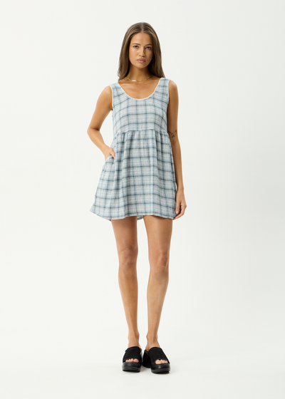 AFENDS Womens Lagoon Jesse - Hemp Seersucker Mini Dress - Overcast Check