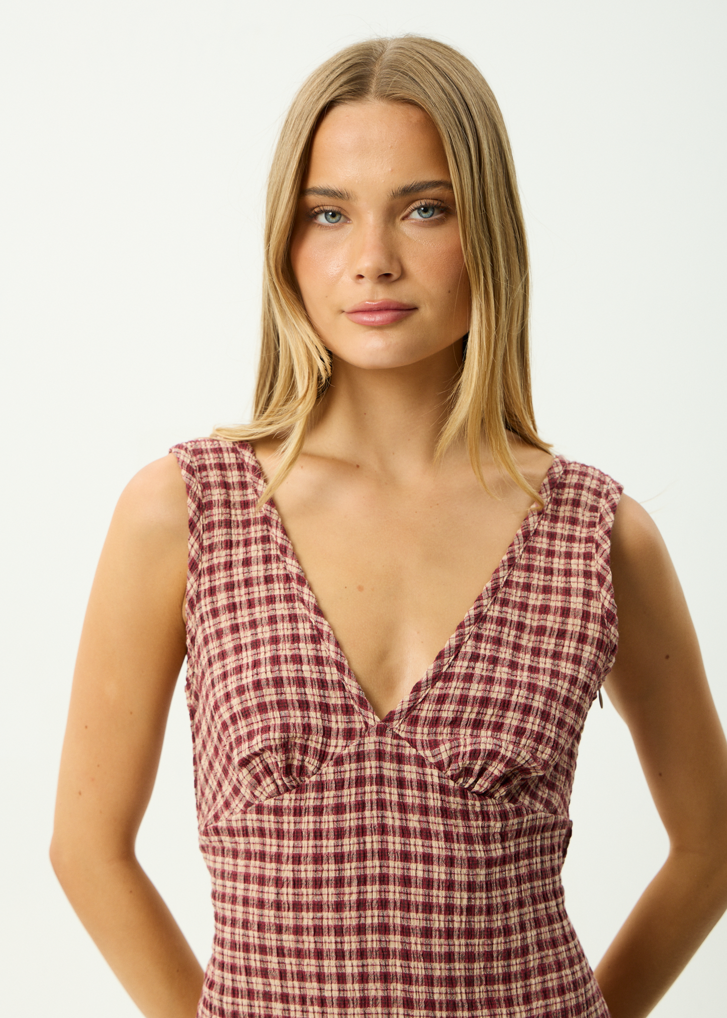 AFENDS Womens Capricorn - Hemp Seersucker Mini Dress - Burgundy / Beige Check