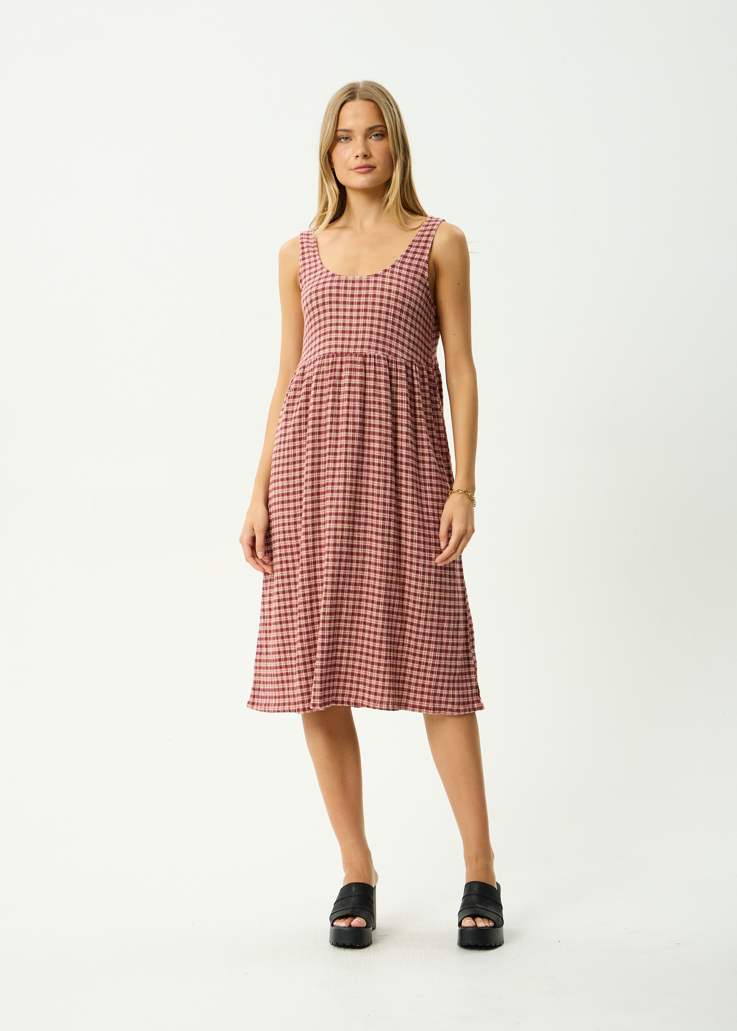 AFENDS Womens Capricorn - Hemp Seersucker Midi Dress - Burgundy / Beige Check