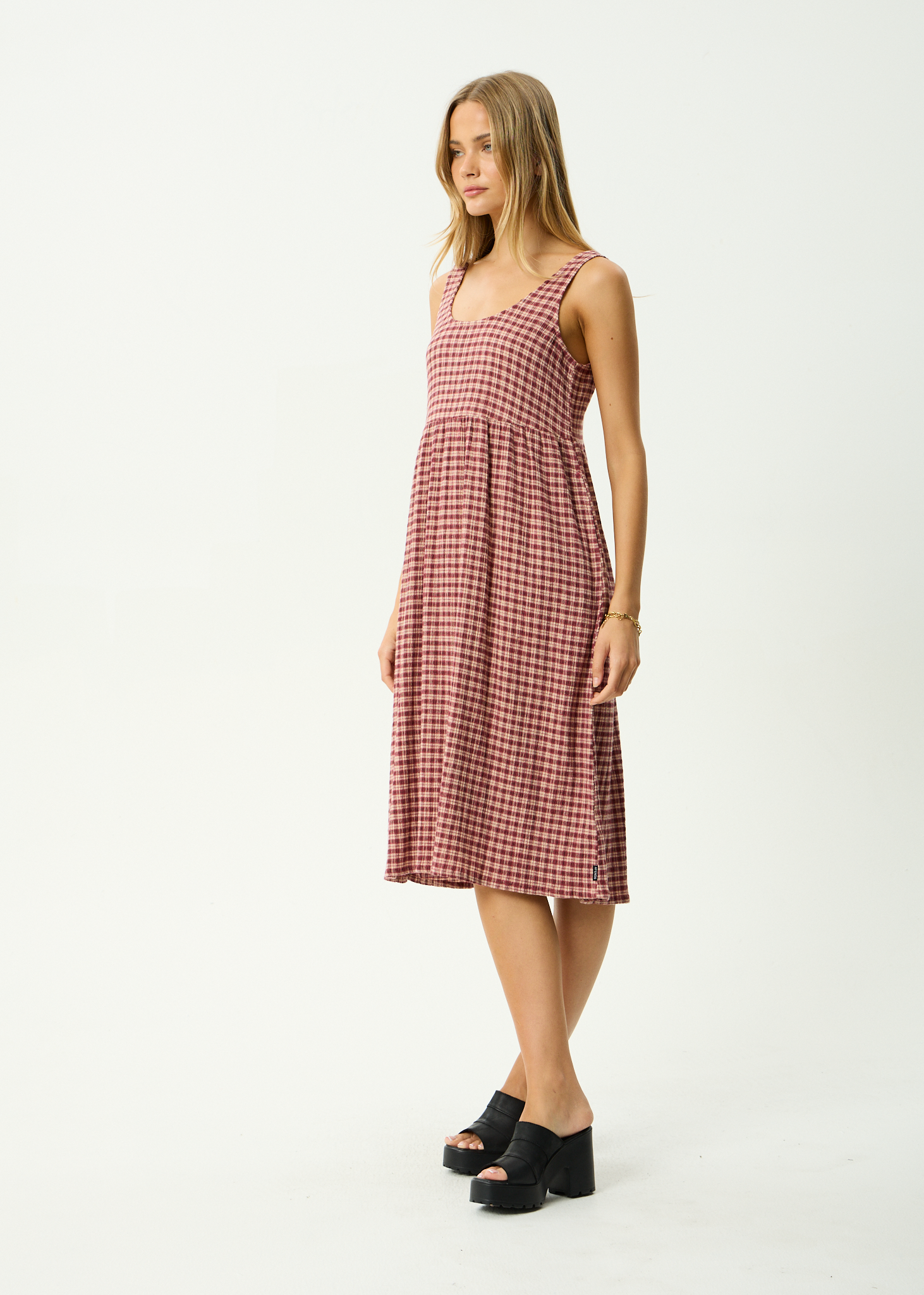 AFENDS Womens Capricorn - Hemp Seersucker Midi Dress - Burgundy / Beige Check